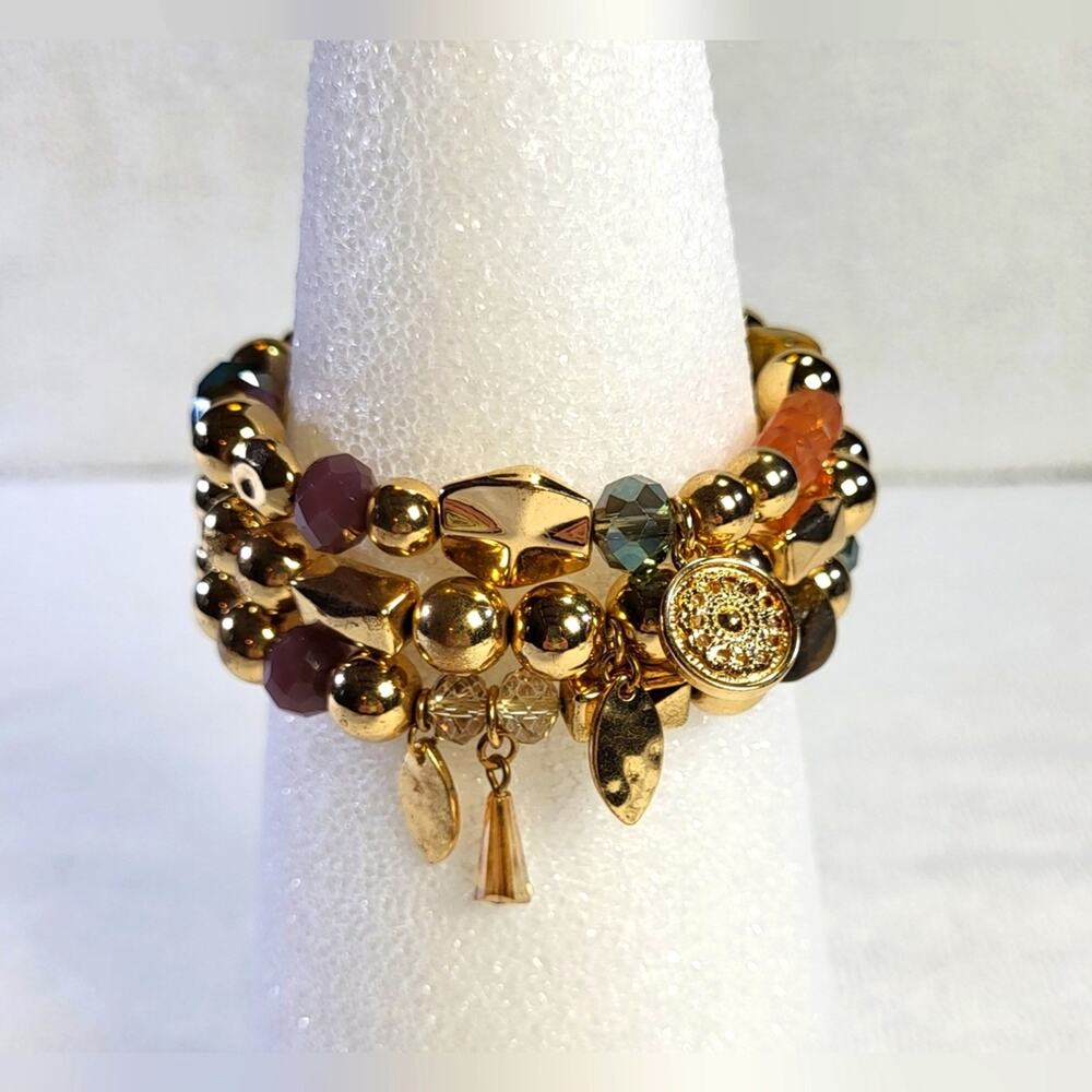 Multi-Colored Gold Tone Beaded Bracelet Set of 3 – Boho Charm Stack - Picture 2 of 8